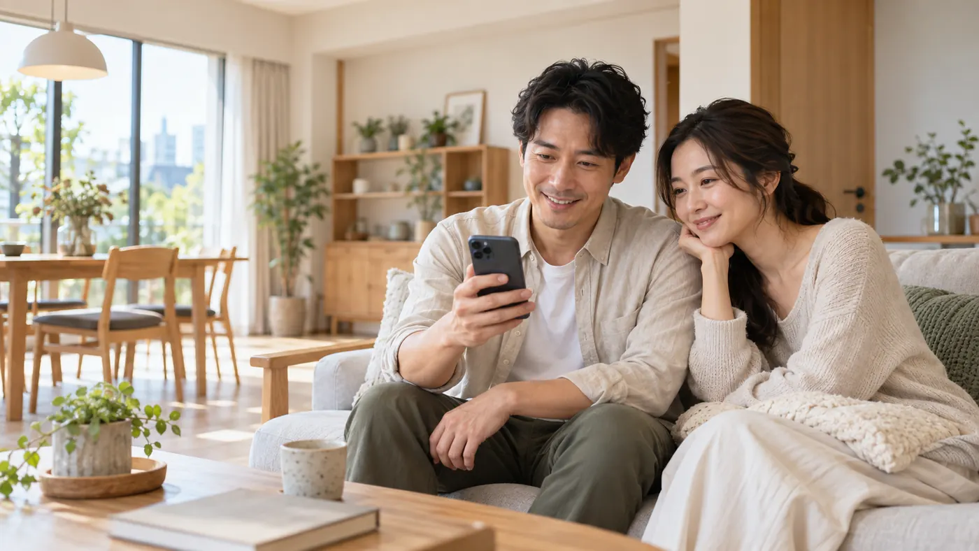 一對夫妻在客廳用手機查看自家工程進度